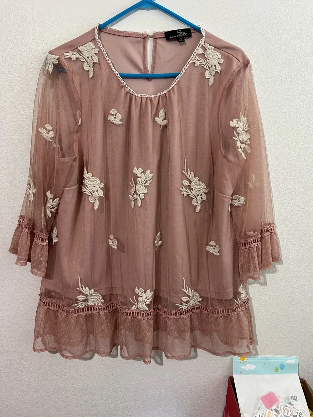 Suzanne Betro Dusty Rose Mesh Tunic with Ivory Floral Appliqué